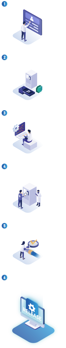 1.アカウント新規作成 2.決済端末選択 3.開発 4.EMVCo L3ブランドテスト（任意） 5.総合確認 6.システムの本番稼働開始